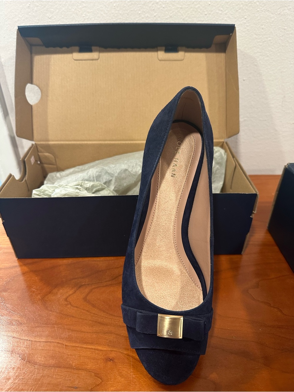 Cole Haan Navy Suede PeepToe Wedge Size 6.5. Work or Casual Shoe Great for Fall